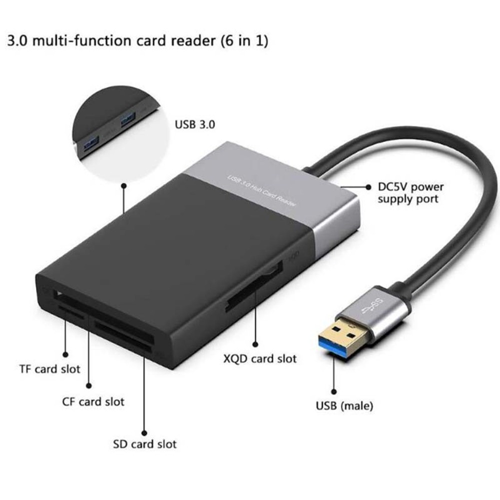6in1 USB 3.0 HUB Card Reader CF XQD SD TF Card Reader Adapter for Windows Mac