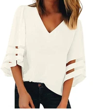 FRANNE V NECK KNIT TOP WITH BANDED BELL SLEEVE 