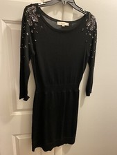 Ann Taylor LOFT 3/4 Sleeve Sweater Dress Black Shoulder Embellishments EUC S
