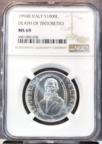 1994 ITALY SILVER 1000 LIRE DEATH OF TINTORETTO NGC MS 69 RARE GEM TOP POP