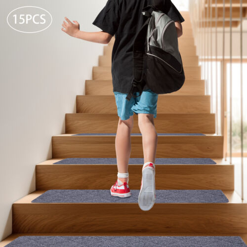 Grey Non-Slip 15PCS Carpet Stair Treads 30'' x 8'' Mats for Wooden Steps Indoor - Picture 21 of 24