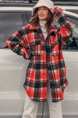 Red Black Plaid Checkered Soft Sherpa Fleece Long Shirt Jacket Shacket Coat S