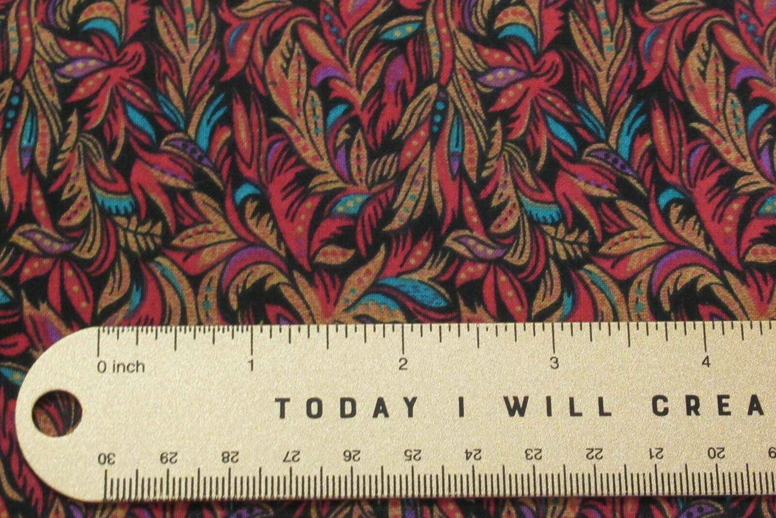 PETER PAN Fabric 100% Cotton YARDAGE Leaf/Feather Red-Orange Gold Aqua on Black