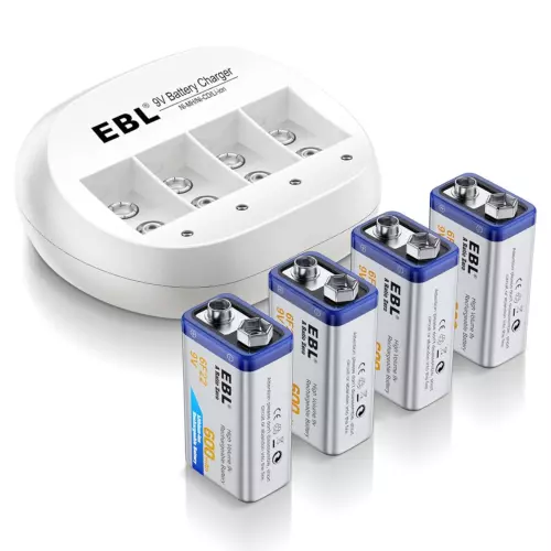 4 Bay 9V Lithium Ion Battery Charger with 4 Packs 600Mah 9V Li-Ion Rechargeable 
