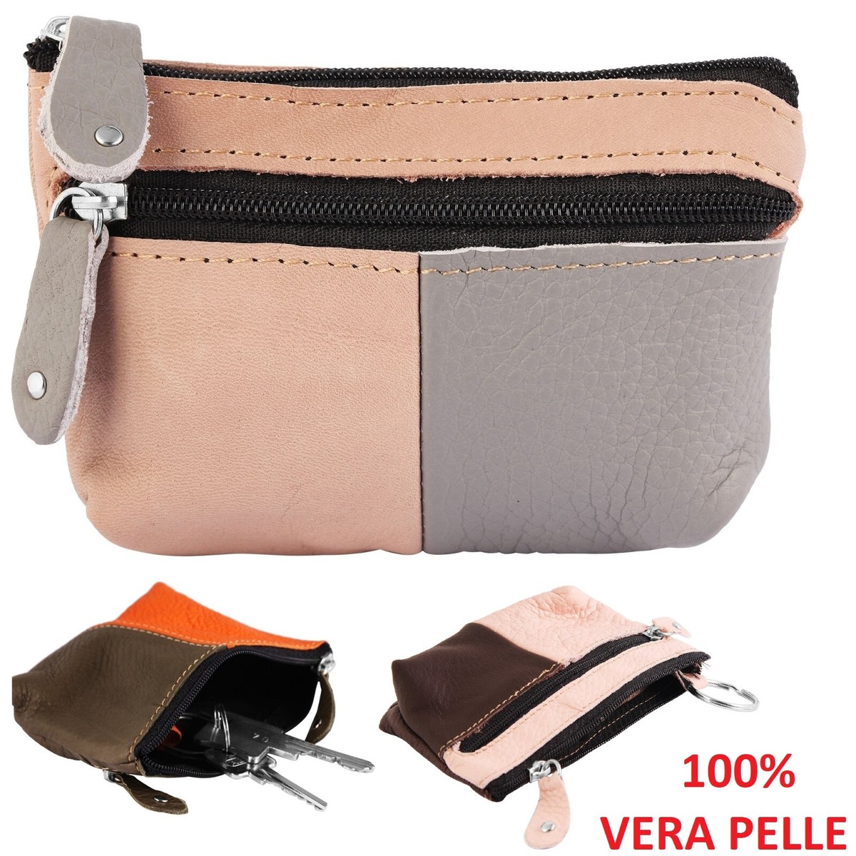 Portamonete Unisex In Pelle Con Zip - Borsello Portachiavi Compatto 10.7x7.3cm - Nero