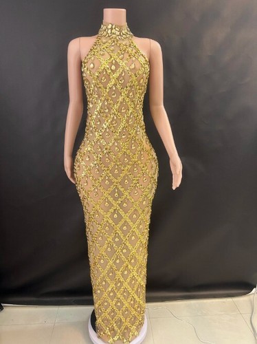 Women Sexy Stage Shining Rhinestone Sequins Dress Evening Prom Birthday Dress - Picture 7 of 41