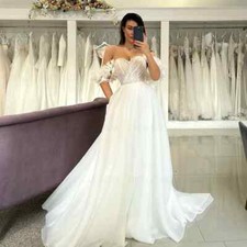 Beach Wedding Dresses Off Shoulder Lace Applique Tulle A-line Bridal Gowns Train