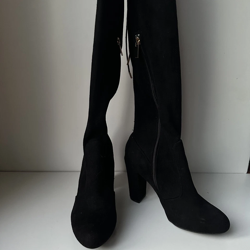 Bamboo Women Black Over Knee Heeled Boots block Heels With Straps Size 9 Zipper - Image 2 of 4