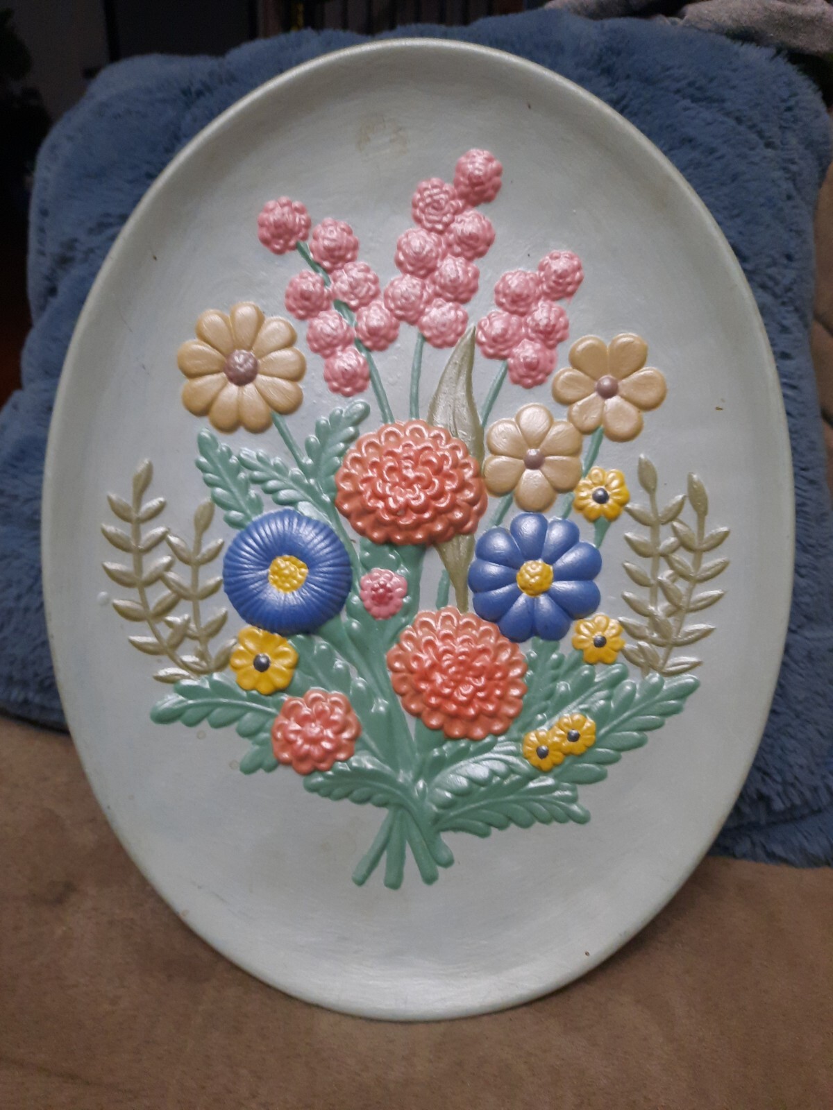 Vintage MCM Art Pottery Wall Decor Plate. Hand Painted Floral Signed on reverse.