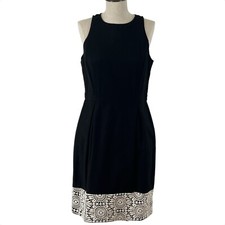 Ann Taylor A-Line Dress 6 Sleeveless Black Cream Lace Hem Crew Neck Mini