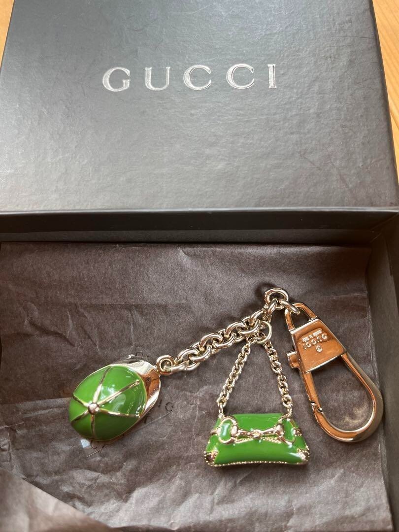 GUCCI Key holder ring Key chain Bag charm AUTH logo Rare Green Hat