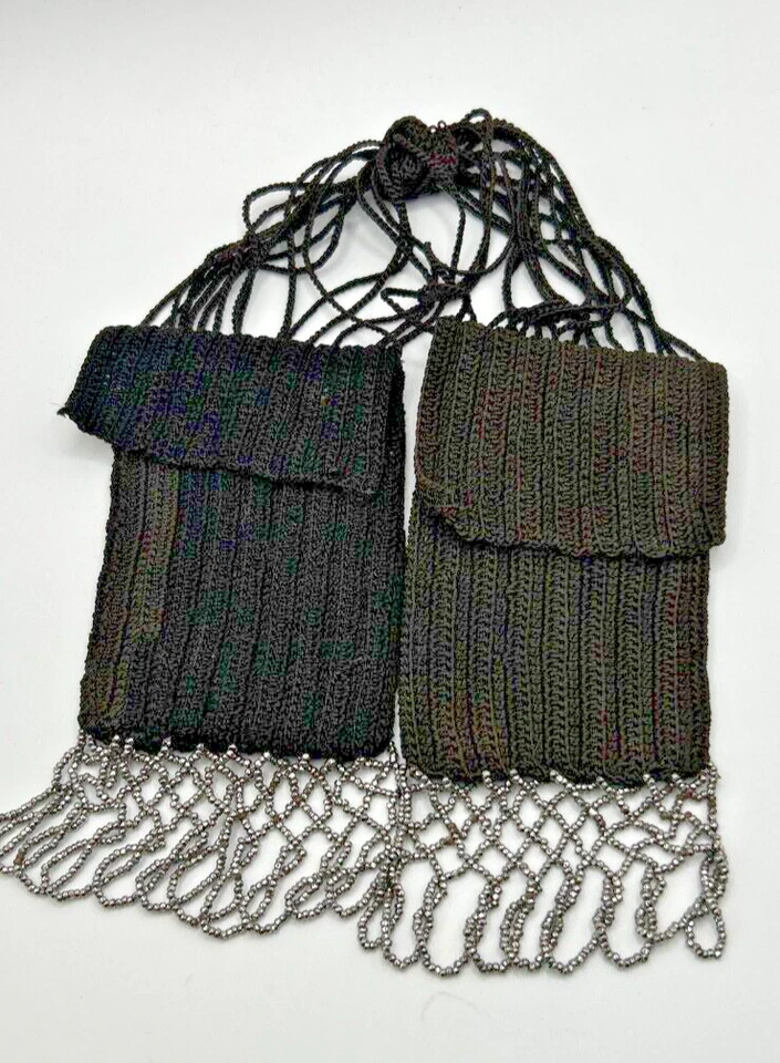 Victorian Black & Brown Pauper's Beggar's Miser Purse Steel Cut Bead Tassels JCS - Image 2 of 4