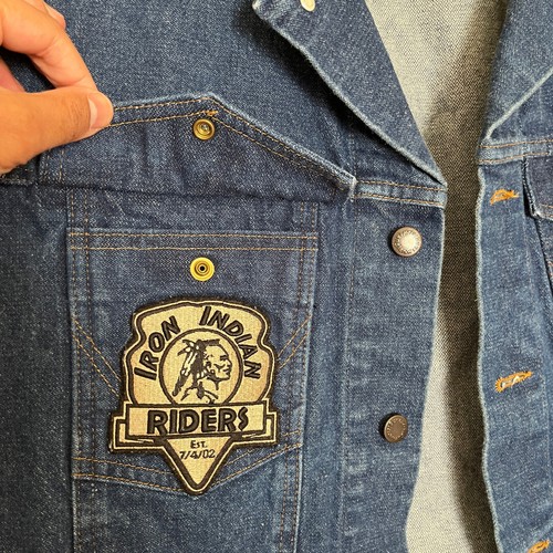 Wrangler Cutoff Jacket Mens 2XL Blue Denim Iron Indian Riders Patch Biker Vest - Picture 7 of 14