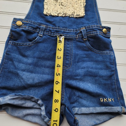 DKNY Girl's Dark Blue Gold Sequin Pocket Jean Denim Short Overalls Size 8 - Picture 5 of 9