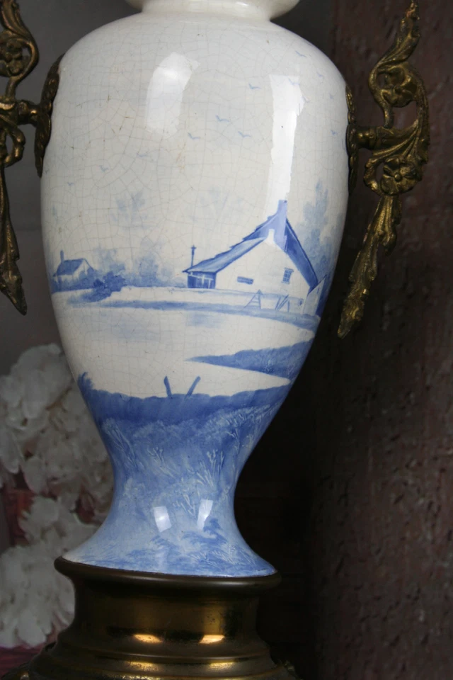 Blue white Pottery Mills landscape Candelabras set with Clock Dutch 1920's  - Image 2 of 4