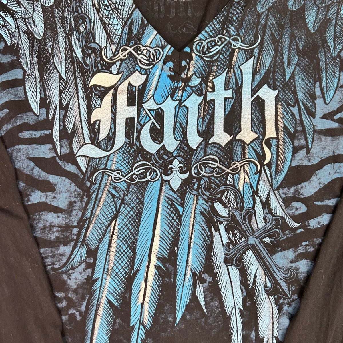 Y2K Archaic Graphic Print Top Women's XL Blue Angel Wing Long