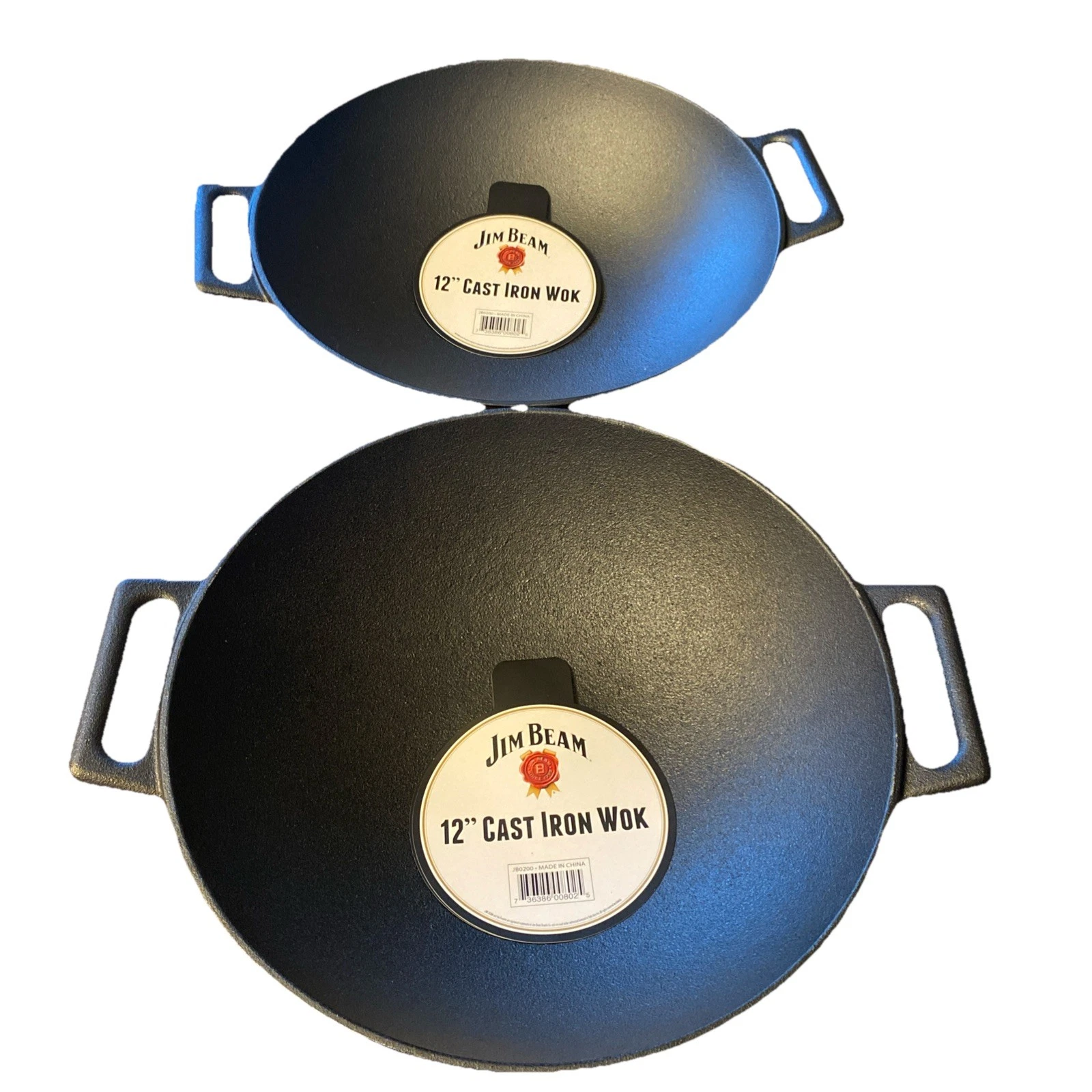 2) Jim Beam 12" Cast iron Wok Pre-Seasoned New