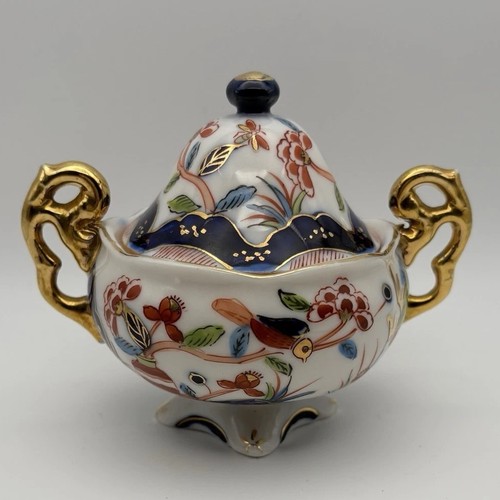 Vintage Imari Style Sugar Bowl w Lid Hand Painted Japan Gold Handles