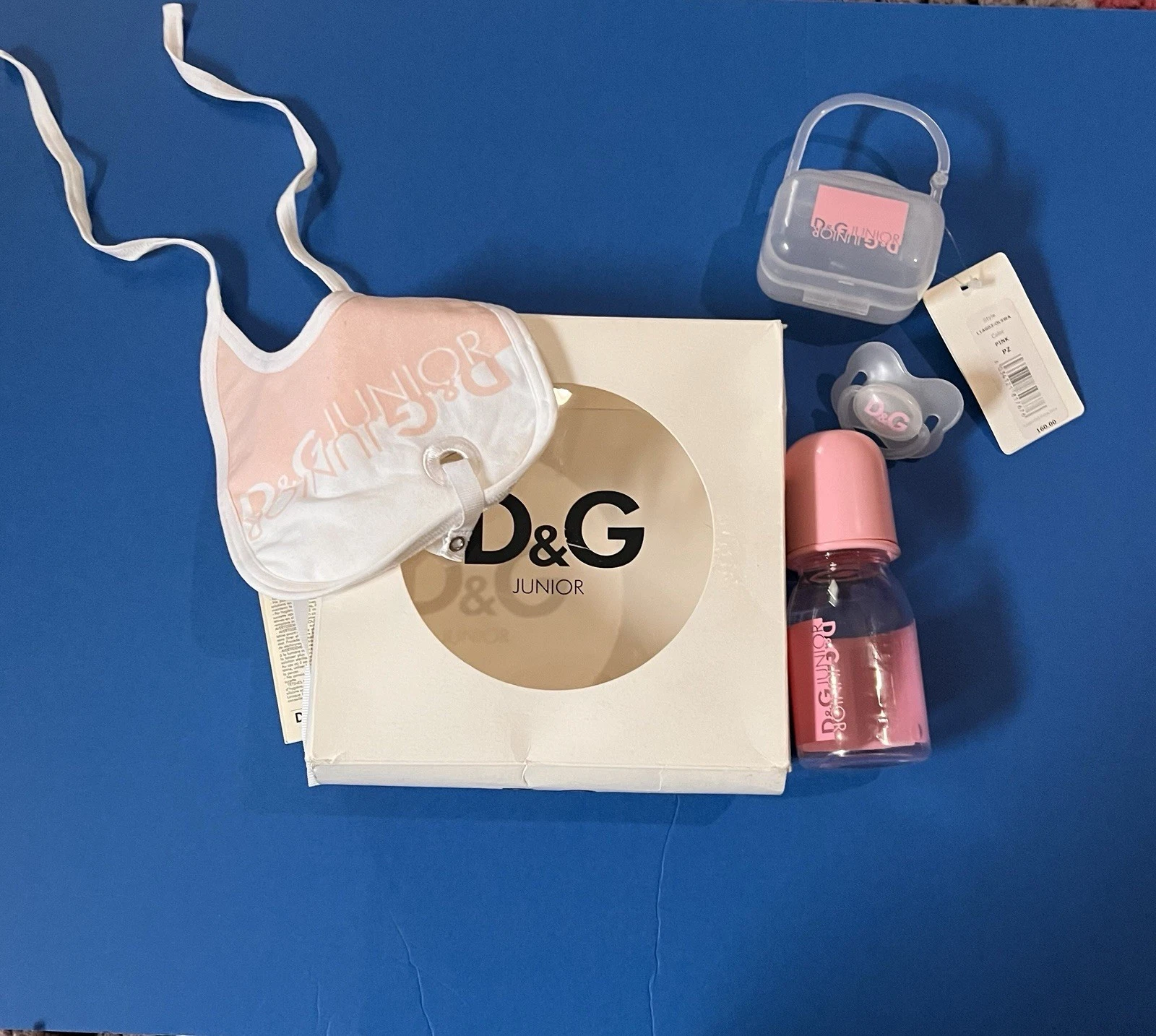 NIB D&G Dolce Gabbana Junior Infant Gift Set- Bottle, Pacifier w/case, Bib