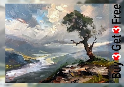 Solitary Tree Coastal Light 5''x7'' Druck auf mattem Papier | Ausdrucksstarke Ölkunst