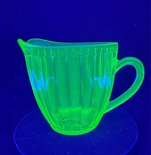 Vintage Green Uranium Glass Short Ribbed Water Pitcher