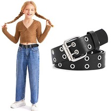 Kids Double Grommet Belts With Holes for Girls Boys PU Leather Two Row A-black