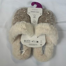 Primark Women Sequin Memory Foam Slippers Faux Fur Trim Champagne Gold Size 7-8