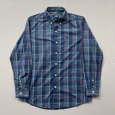 Chaps Mens Easy Care Navy Blue Red Plaid Long Sleeve Button Down Shirt Size M