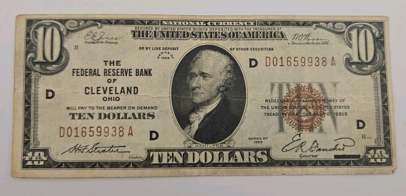 1929 $10 Dollar The Federal Reserve Bank Of Cleveland, Ohio 