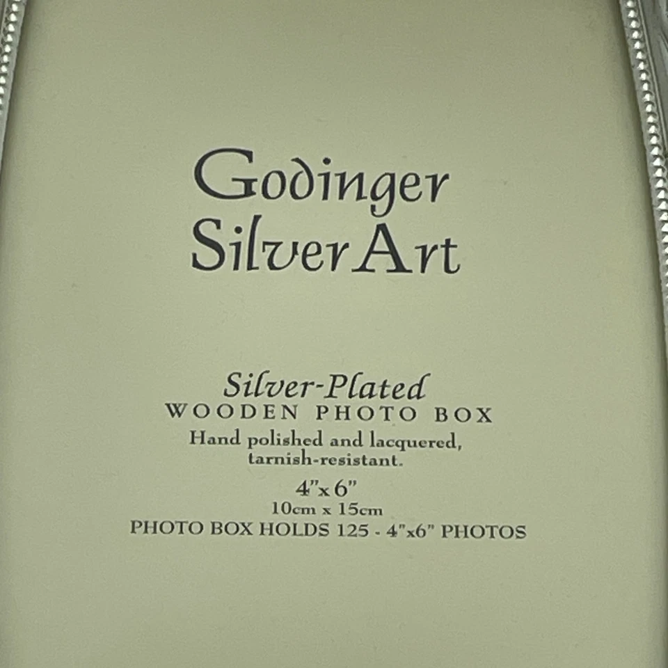 Caja de fotos de madera enchapada en plata arte Godinger 4x6 marco almacenamiento 7x7x5 decoración Foto 3 de 4