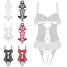 Womens See Through Lace Teddy Leotard Halter Neck Hollow Out Open Crotch Leotard