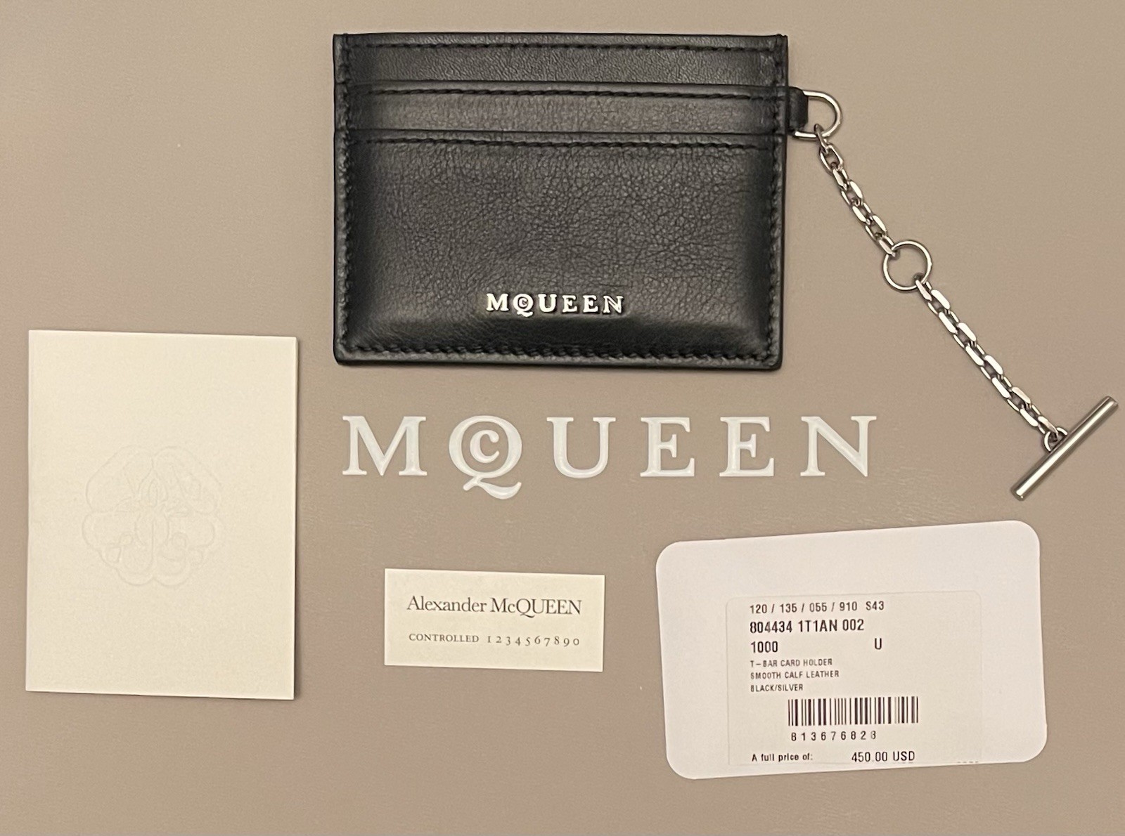 Alexander McQueen - New Black Leather Card Holder - T-Bar Chain - Made in Italy image 4