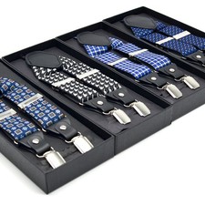 Adult Men's Trousers Braces Elastic Suspenders Four Clips Plaid Strap Suit Dress