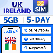 JetSIM UK SIM Card / Ireland Travel SIM Card 5GB High-Speed Data 5 Days