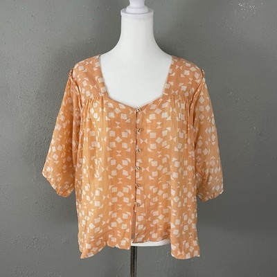 MIRTH Handmade Edition Blouse Size M Orange Button Front Geometric Cotton Top