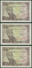 Spain: 3x Consecutive 1 Peseta 1945 (P#128a, 1 letter, 7 digits serial) - UNC