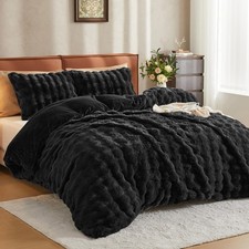 Plush Duvet Cover Set - Queen Size Black Faux Fur Comforter Cover 3pcs Beddin...