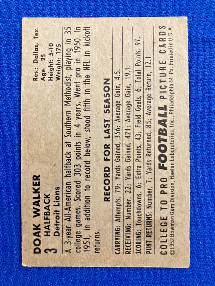 1952 Bowman SMALL - DOAK WALKER 3 - Lions Nice! - Image 2 of 2