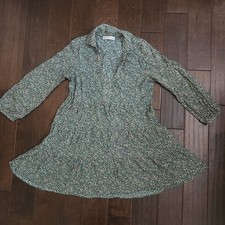 Zara Womens XS Green Floral Smock Dress Long Sleeve V Neck Tiered Mini
