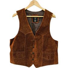 Vintage Mens L Brown Suede Leather Western Vest Horseshoe Horse Made in Mexico