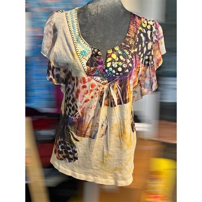 Oneworld Boho Y2K Embellished Butterfly & Animal Print Tunic Top,Flutter Sleeve
