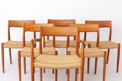 Niels Møller Dining Chair Set (6)   Models 77 & 57, Teak, Danish Cord, Vintage