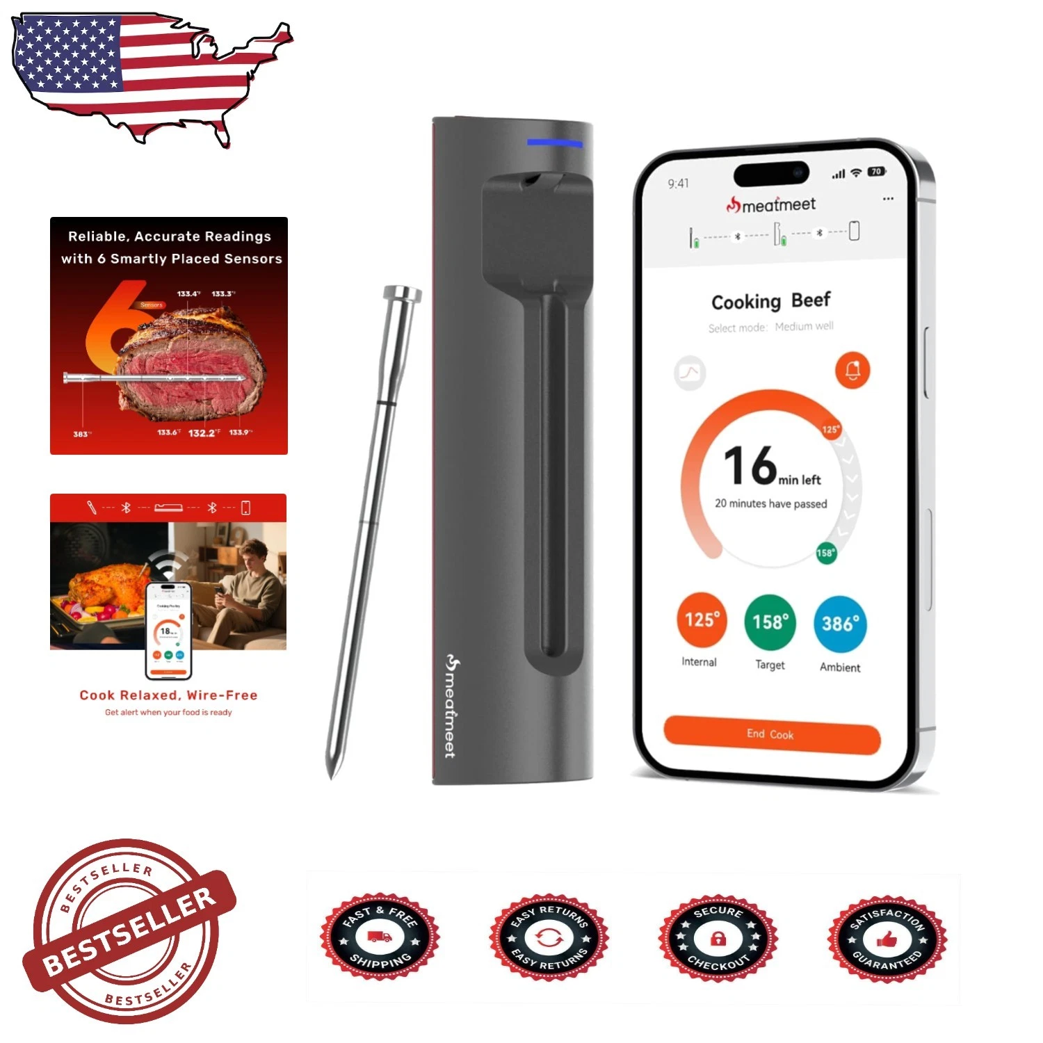 S Pro Smart Meat Thermometer: Pro Bluetooth BBQ Grill Oven Smoker, 400ft Range
Opens in a new window