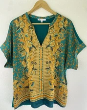 DR2 Womens Teal Green & Gold Floral Boho Top XL Buttons Mixed: Satin/Knit V Neck