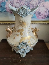 Antique RS Germany Large Hand Painted Porcelain Vase Lion Handle Gold Flowers