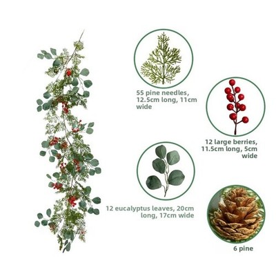 Festive Pine Needle Garland with Red Berries and Eucalyptus Leaves for Holiday