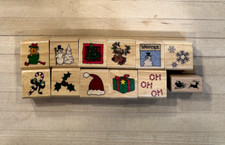 12 pc. Christmas Holiday wood rubber stamp set Holiday 1 x 1 inch Rubber stamp