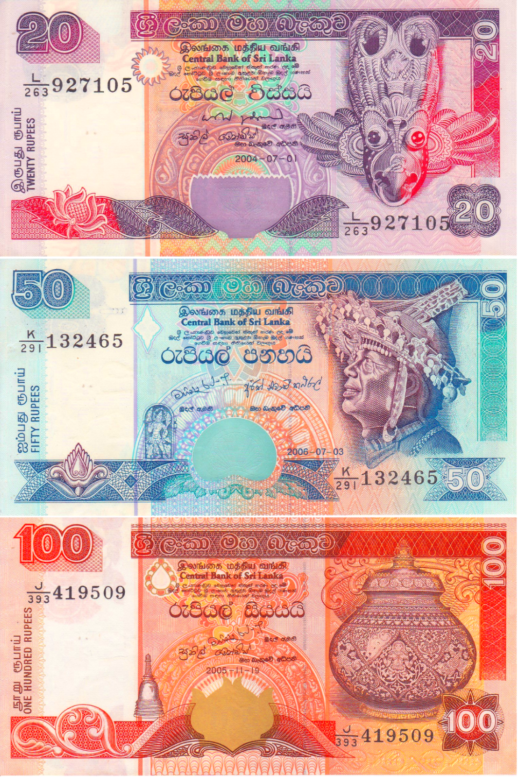 Asia World Sri Lanka UNC 20 50 100 Currency Bill Paper Money Banknote Rupee Note