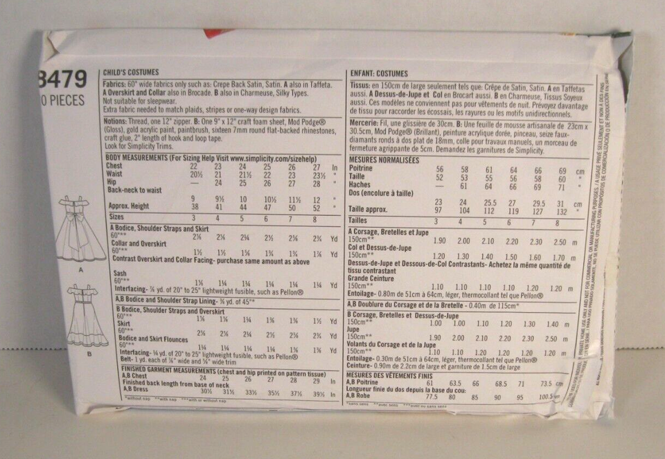 Simplicity 8479 Elena of Avalor Children's Costume Pattern Child's 38