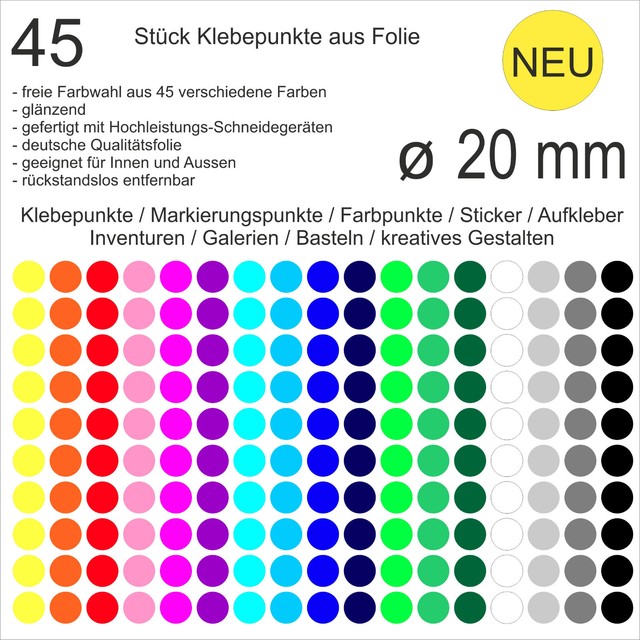 45 Stück Klebepunkte aus Folie glänzend rund 20mm Aufkleber Sticker Inventur NEU 45 Stück Klebepunkte aus Folie glänzend rund 20mm Aufkleber Sticker Inventur NEU